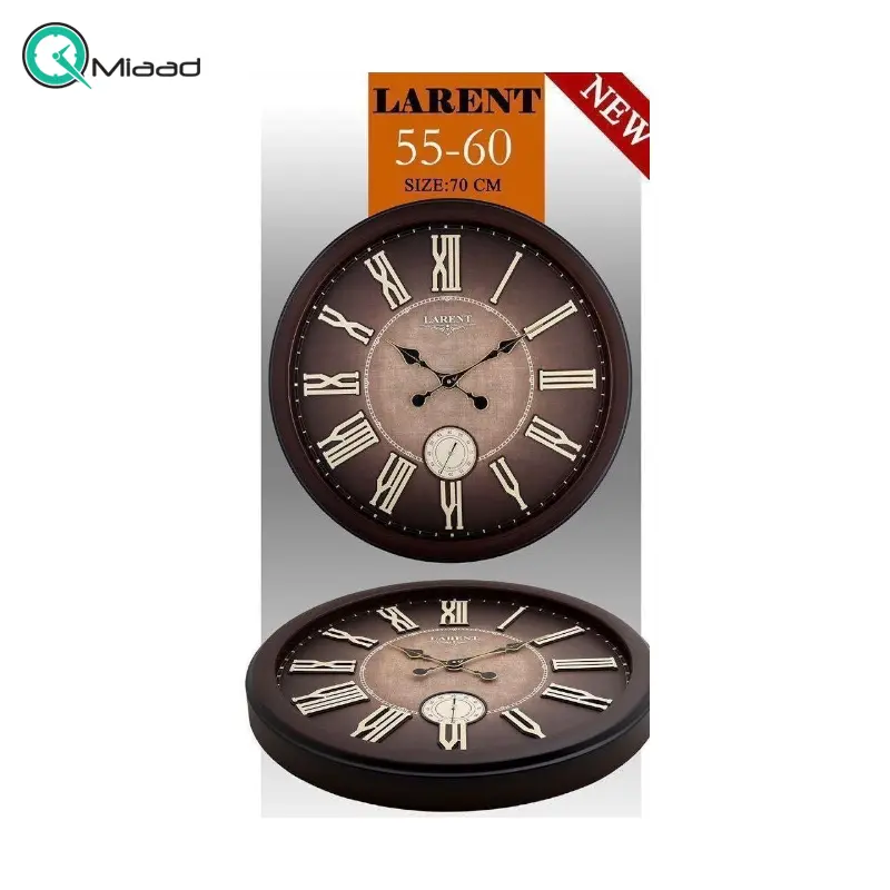 ساعت دیواری لارنت مدل 5560، ساعت دیواری سایز 70 پلاستیکی طرح کلاسیک با صفحه تمام چوب و اعداد برجسته رومی، دارای موتور ثانیه شمار مستقل، رنگ قهوه ای ساعت دیواری بزرگ