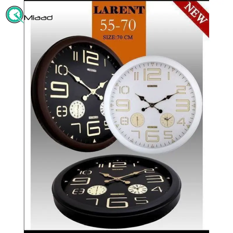 ساعت دیواری لارنت مدل 5570، ساعت دیواری سه موتوره سایز 70 پلاستیکی طرح کلاسیک با صفحه تمام چوب و اعداد برجسته، دارای موتور ثانیه شمار مستقل، رنگ قهوه ای ساعت دیواری بزرگ