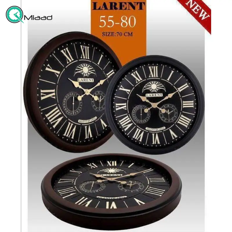ساعت دیواری لارنت مدل 5580، ساعت دیواری سه موتوره سایز 70 پلاستیکی طرح کلاسیک با صفحه تمام چوب و اعداد برجسته، دارای موتور ثانیه شمار مستقل، رنگ قهوه ای ساعت دیواری بزرگ