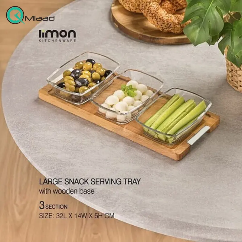 اردوخوری 3 خانه پایه چوبی برند لیمون مدل 216259، اردو خوری سه خانه پایه چوبی برای سرو شیک و منظم تنقلات و خوراکیهای متنوع در میز پذیرایی یا آشپزخانه ظروف پذیرایی