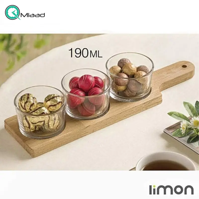 اردوخوری کاسه گرد 3 عددی پایه چوبی برند لیمون مدل 221859، اردوخوری سه عددی پایه چوبی برای سرو شیک و منظم تنقلات و خوراکیهای متنوع در میز پذیرایی یا آشپزخانه ظروف پذیرایی
