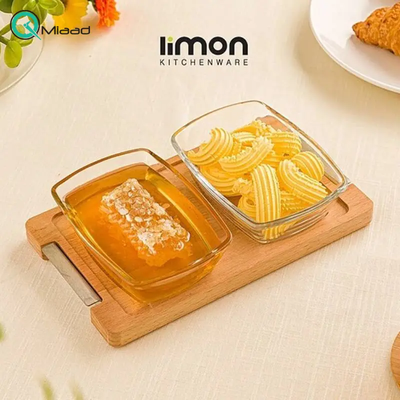 اردوخوری مربع 2 خانه پایه چوبی برند لیمون مدل 224159، اردو خوری دو خانه پایه چوبی مربعی برای سرو شیک و منظم تنقلات و خوراکیهای متنوع در میز پذیرایی یا آشپزخانه ظروف پذیرایی