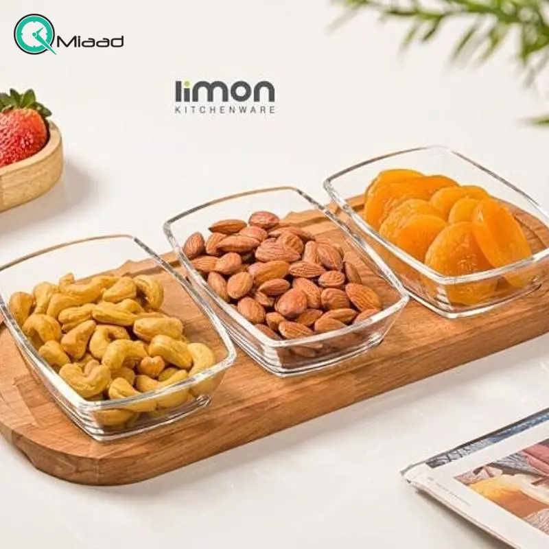 اردوخوری 3 عددی پایه چوبی برند لیمون مدل 224559، اردو خوری کوچک 3 خانه پایه چوبی برای سرو شیک و منظم تنقلات و خوراکیهای متنوع در میز پذیرایی یا آشپزخانه ظروف پذیرایی