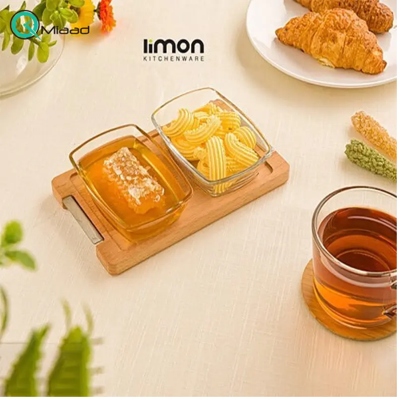 اردوخوری 2 عددی پایه چوبی برند لیمون مدل 224659، اردو خوری کوچک 2 خانه پایه چوبی برای سرو شیک و منظم تنقلات و خوراکیهای متنوع در میز پذیرایی یا آشپزخانه ظروف پذیرایی