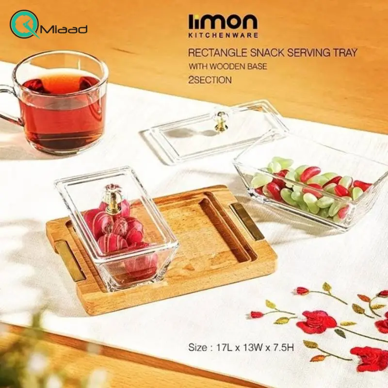 اردوخوری 2 عددی پایه چوبی برند لیمون مدل 224759، اردو خوری کوچک 2 خانه پایه چوبی مستطیل برای سرو شیک و منظم تنقلات و خوراکیهای متنوع در میز پذیرایی یا آشپزخانه ظروف پذیرایی