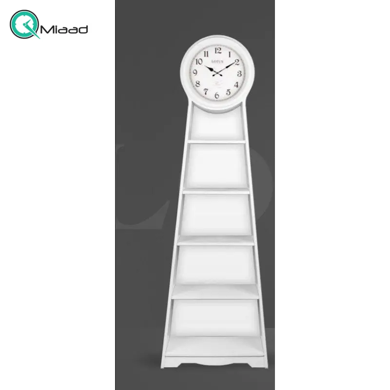ساعت ایستاده ویترین دار لوتوس مدل 998، ساعت سالنی با طراحی ویترین دار و کتابخانه ای، ساعتی با متریال چوب مقاوم بدنه و طراحی نوین، رنگ سفید ساعت ایستاده