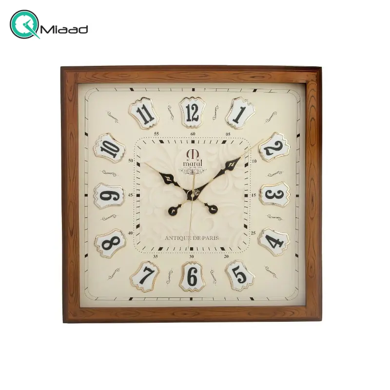 ساعت دیواری چوبی مارال مدل 605، ساعتی با طراحی کلاسیک و چهارگوش، متریال چوب سنگین، موتور میتسو آرام گرد، سایز 60 سانت، رنگ قهوه ای ساعت دیواری