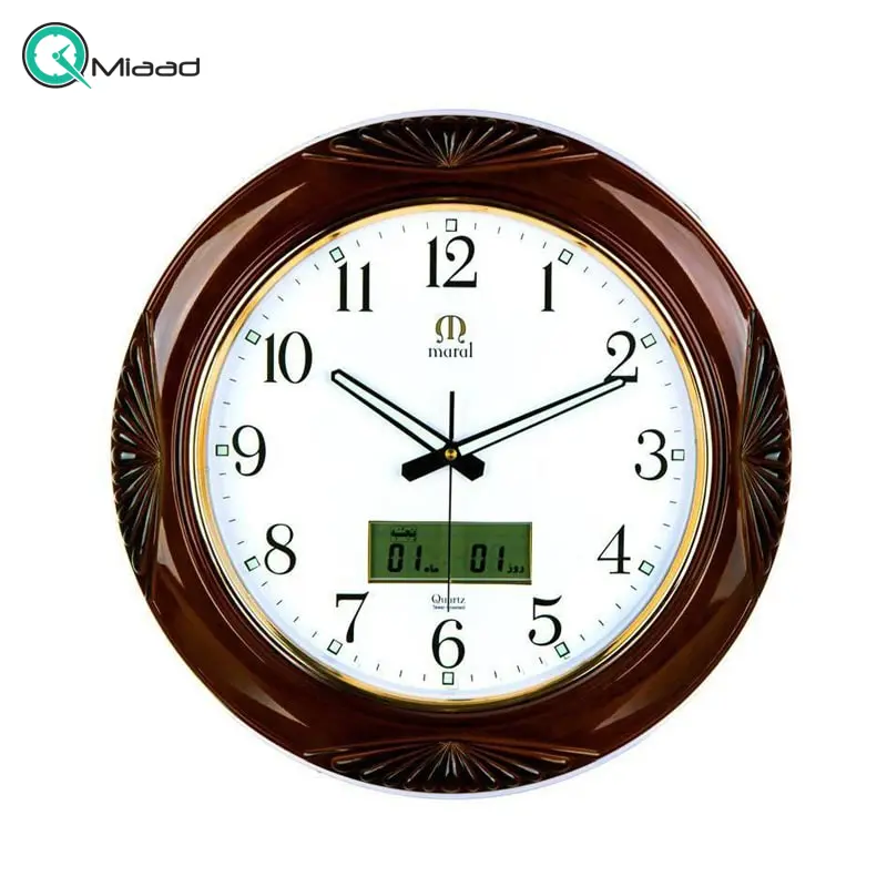 ساعت دیواری چوبی مارال، ساعت دیواری با اعداد شبنما، دارای تقویم و ساعت جداگانه دیجیتالی، گرد، طرح چوب براق، صفحه سفید | کد 8 ساعت
