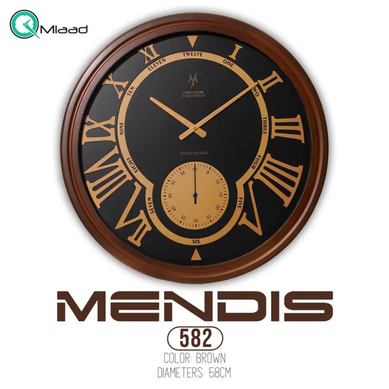 ساعت دیواری مندیس مدل 582، ساعت دیواری دو موتوره سایز 60 با متریال چوبی با رنگ پلی اورتان، فونت خلاقانه و جذاب رومی اعداد برای خوانایی راحت تر ساعت دیواری بزرگ