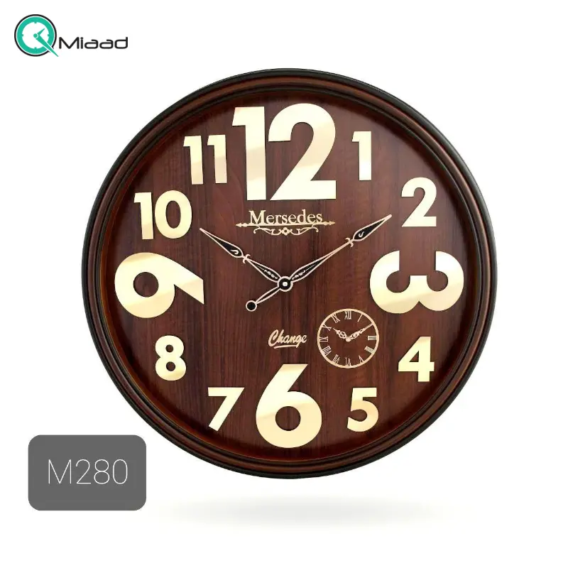 ساعت دیواری مرسدس M280، ساعت دیواری سایز 73 پلاستیکی طرح کلاسیک با صفحه چوبی و اعداد برجسته مولتی، رنگ قهوه ای ساعت دیواری بزرگ