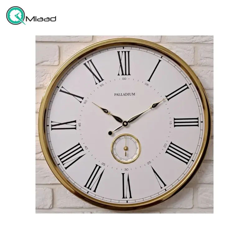ساعت دیواری فلزی پالادیوم مدل 5305، ساعت دیواری مدرن و فلزی جدید پالادیوم، دارای طراحی ظریف و زیبا و موتور ثانیه شمار مستقل، سایز 55، موتور آرامگرد، رنگ طلایی صفحه سفید ساعت دیواری