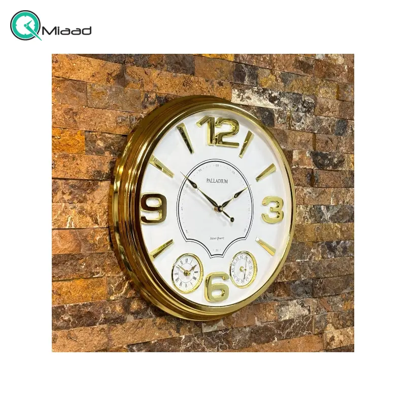 ساعت دیواری فلزی پالادیوم مدل 5320، ساعت دیواری سه موتوره سایز 55 با اعداد برجسته لاتین، ساعت دیواری شیک و متفاوت آبکاری شده با فریم فلزی، رنگ طلایی صفحه سفید ساعت دیواری