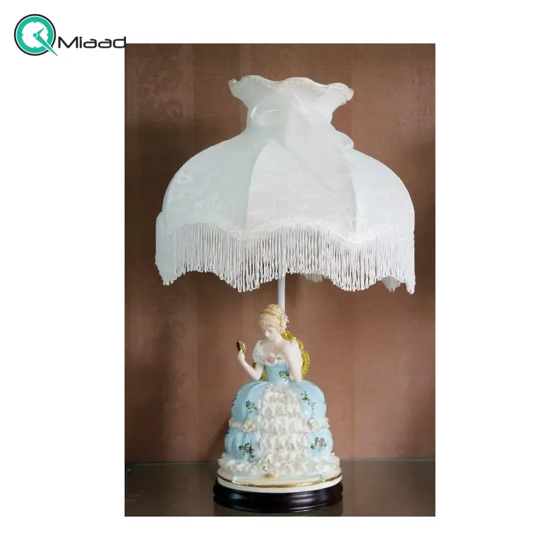 آباژور رومیزی سلطنتی مدل 11800، چراغ رومیزی چینی دست ساز طرح قدیمی به سبک سلطنتی اروپایی و دوره رنسانس برای دکوراسیون منزل، طرح دختر نشسته و آینه آباژور