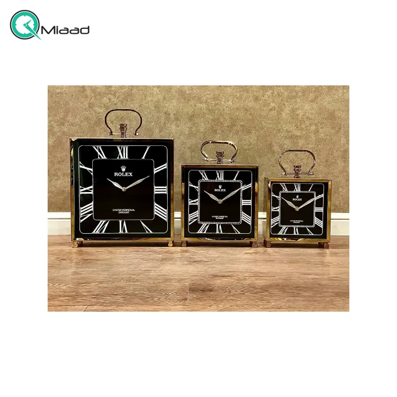 ساعت رومیزی رولکس، ساعت رومیزی مربع سه سایز از جنس استیل با موتور آرامگرد مناسب میز کار و میز کنسول، رنگ طلایی صفحه مشکی ساعت رومیزی