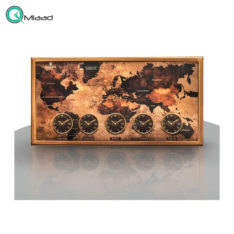 ساعت دیواری چند زمانه رولکس مدل s10، ساعت دیواری جهان نما طرح نقشه جهان، ساعت دیواری مناسب هتل، صرافی، سالن پذیرایی، رنگ طلایی ساعت دیواری