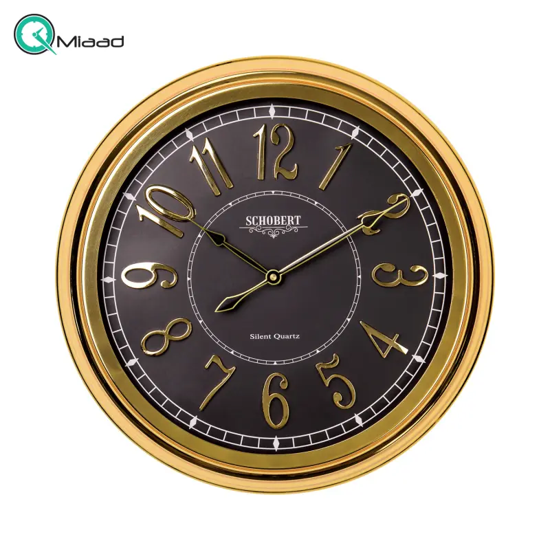 ساعت دیواری فلزی شوبرت مدل 5138GN2، ساعت دیواری فلزی مدرن، دارای اعداد لاتین برجسته، رنگ طلایی صفحه مشکی ساعت دیواری ساده