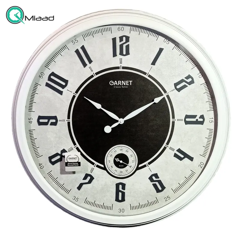 ساعت دیواری شوبرت، ساعت دیواری سایز 58 طرح چوبی فریم پلاستیکی با قیمت اقتصادی، دارای 2 موتور روانگرد و بدون صدا، رنگ سفید | مدل 5239 گارنت ساعت دیواری