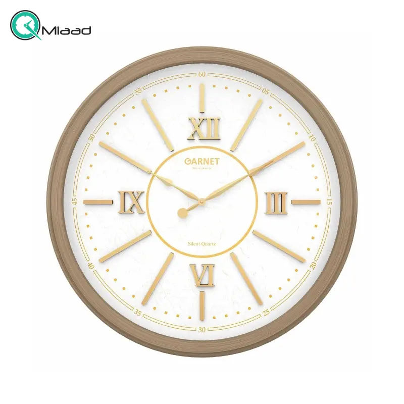 ساعت دیواری شوبرت مدل 5255، ساعت دیواری سایز 60، دارای رنگ بندی متریال پلاستیک، فونت رومی برجسته اعداد، دارای موتور آرامگرد خورشیدی، رنگ کرم طلایی ساعت دیواری