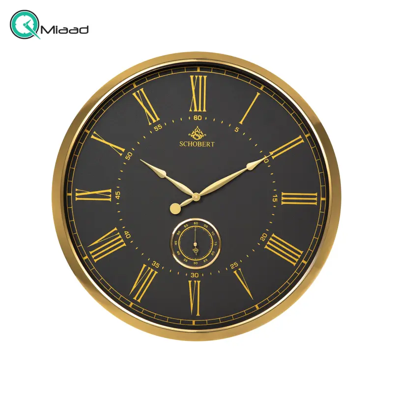 ساعت دیواری فلزی شوبرت مدل 5305، ساعت دیواری مدرن و فلزی جدید شوبرت، دارای طراحی ظریف و زیبا و موتور ثانیه شمار مستقل، سایز 50، موتور آرامگرد، رنگ طلایی مشکی ساعت دیواری