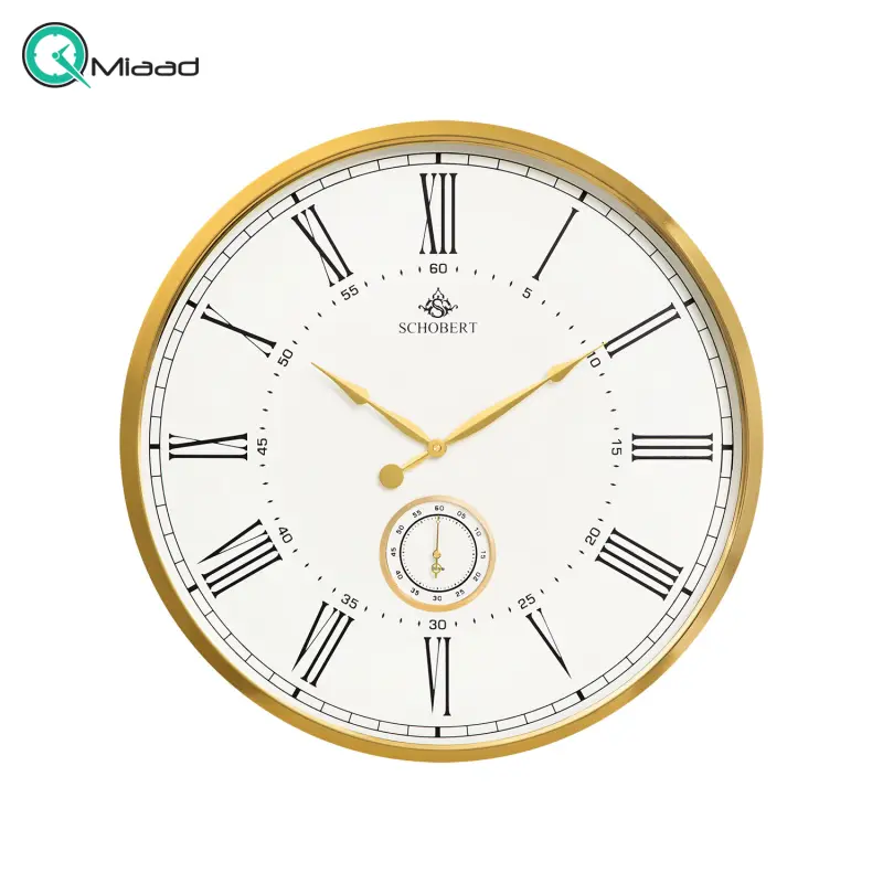 ساعت دیواری فلزی شوبرت مدل 5305، ساعت دیواری مدرن و فلزی جدید شوبرت، دارای طراحی ظریف و زیبا و موتور ثانیه شمار مستقل، سایز 50، موتور آرامگرد، رنگ طلایی صفحه سفید ساعت دیواری