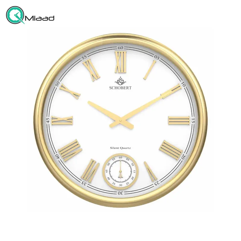 ساعت دیواری فلزی شوبرت مدل 5330، ساعت دیواری مدرن و فلزی با آبکاری فورتیک، دارای موتور ثانیه شمار مستقل و اعداد رومی طلایی، سایز 45، موتور آرامگرد، رنگ طلایی ساعت دیواری
