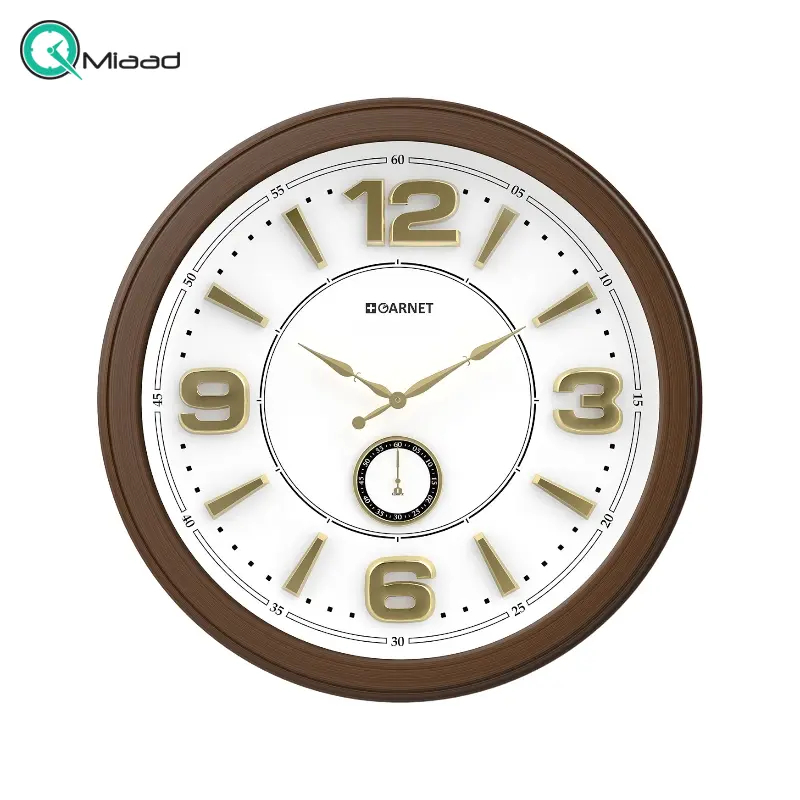 ساعت دیواری شوبرت مدل 5467 گارنت، ساعت دیواری شکیل و بسیار خاص با صفحه سفید و اعداد برجسته، سایز 70 با اعداد و عقربه های طلایی آبکاری شده، فونت لاتین، رنگ قهوه ای ساعت دیواری