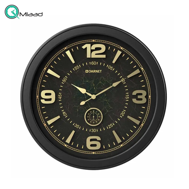 ساعت دیواری شوبرت، ساعت دیواری شکیل و بسیار خاص با صفحه و جزییات مشکی، سایز 70 با اعداد و عقربه های قهوه ای رنگ، فونت لاتین، مدل 5473 گارنت ساعت دیواری