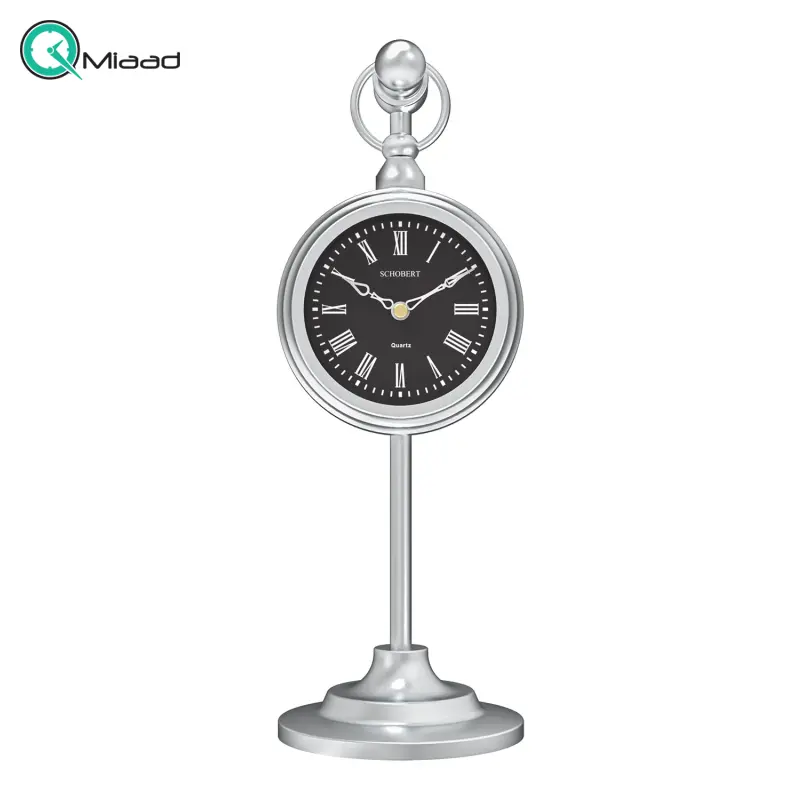 ساعت رومیزی شوبرت کد 6010QB، ساعت رومیزی جدید از جنس فلز رنگ استاتیک با موتور آرامگرد مناسب میز کار و میز کنسول، رنگ نقره ای صفحه مشکی ساعت رومیزی
