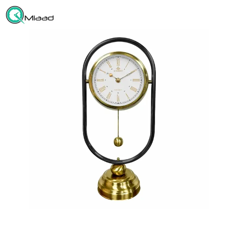 ساعت رومیزی شوبرت مدل 6031، ساعت رومیزی جدید با طراحی خلاقانه، اعداد رومی، از جنس فلز با موتور آرامگرد مناسب میز کار و میز کنسول، رنگ طلایی مشکی ساعت رومیزی