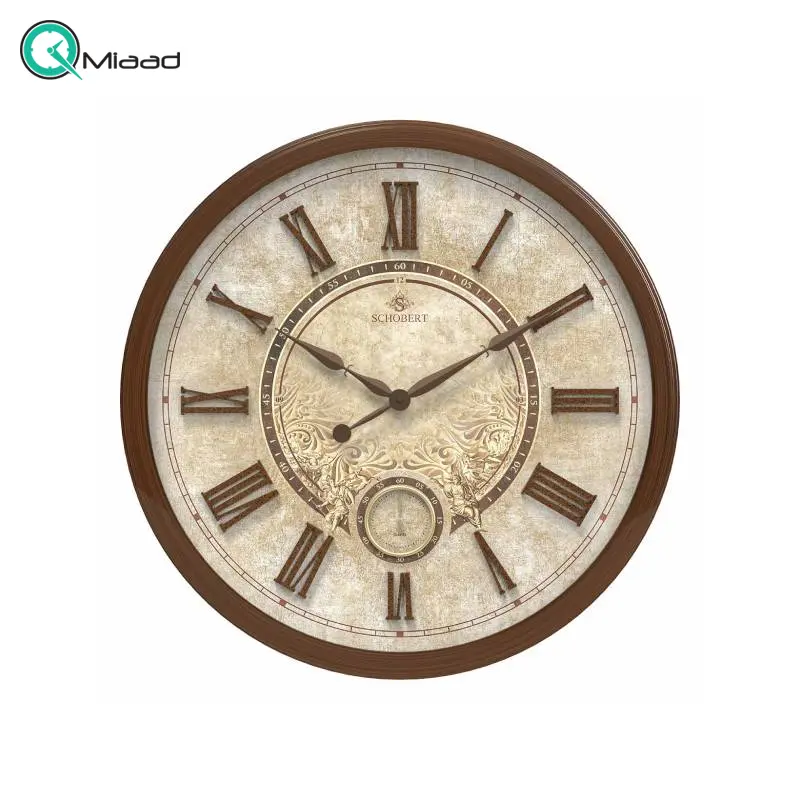 ساعت دیواری شوبرت مدل 6781، ساعت دیواری شکیل و بسیار خاص با فریم و صفحه چوبی، سایز 70، دارای اعداد برجسته، مجهز به موتور آرام گرد تایوانی و موتور ثانیه شمار مستقل ساعت دیواری