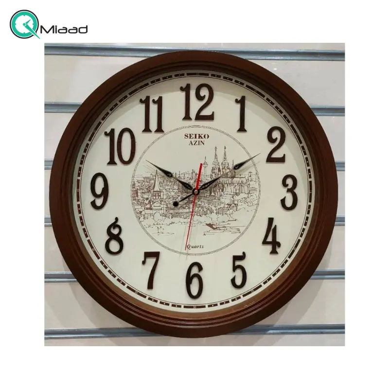 ساعت دیواری سیکو آذین مدل 110، ساعت دیواری شماره مولتی، دارای موتور روانگرد و اعداد برجسته آبکاری شده لاتین و تنوع رنگی، سایز 55، رنگ قهوه ای صفحه کرم ساعت سیکو