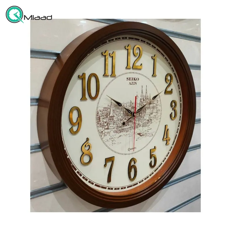 ساعت دیواری سیکو آذین مدل 110، ساعت دیواری شماره مولتی، دارای موتور روانگرد و اعداد برجسته آبکاری شده لاتین و تنوع رنگی، سایز 55، رنگ قهوه ای طلایی ساعت سیکو