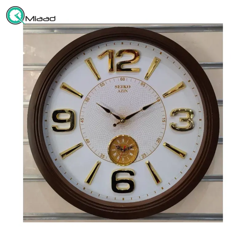 ساعت دیواری سیکو آذین مدل 120، ساعت دیواری سایز 55 پلاستیکی طرح کلاسیک با صفحه چوبی و اعداد برجسته مولتی، دارای موتور ثانیه شمار مستقل، رنگ قهوه ای سفید ساعت دیواری بزرگ