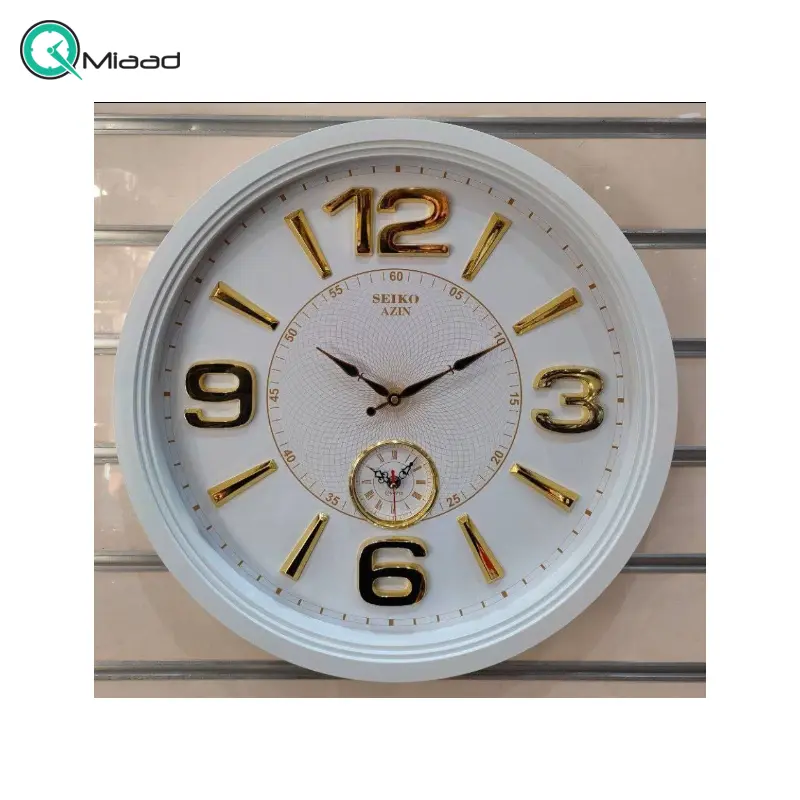 ساعت دیواری سیکو آذین مدل 120، ساعت دیواری سایز 55 پلاستیکی طرح کلاسیک با صفحه چوبی و اعداد برجسته مولتی، دارای موتور ثانیه شمار مستقل، رنگ سفید طلایی ساعت دیواری بزرگ