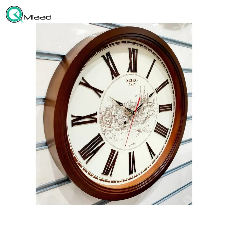 ساعت دیواری سیکو آذین مدل 220، ساعت دیواری شماره مولتی، دارای موتور روانگرد و اعداد برجسته آبکاری شده رومی و تنوع رنگی، سایز 55، رنگ قهوه ای صفحه کرم ساعت سیکو