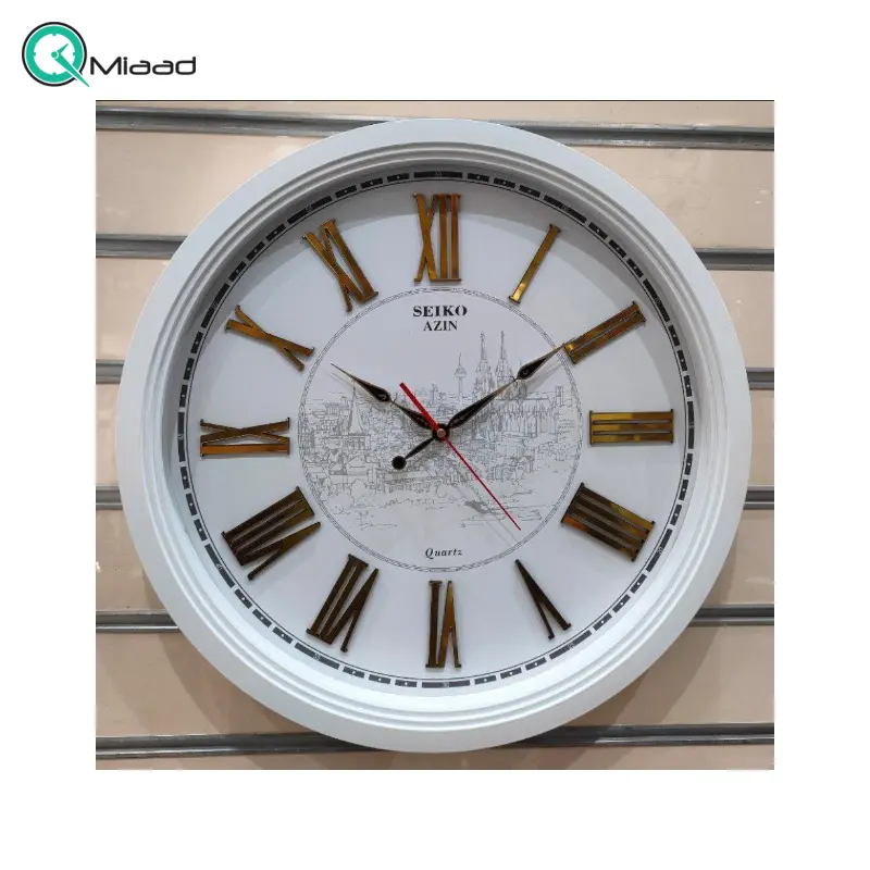 ساعت دیواری سیکو آذین مدل 220، ساعت دیواری شماره مولتی، دارای موتور روانگرد و اعداد برجسته آبکاری شده رومی و تنوع رنگی، سایز 55، رنگ سفید طلایی ساعت سیکو