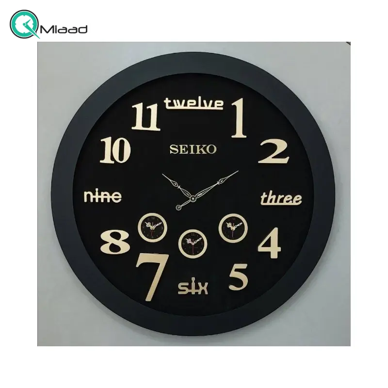 ساعت دیواری سیکو مدل R، ساعت دیواری چهار موتوره با تنوع رنگی و متریال تمام چوب، دارای اعداد مولتی و موتور روانگرد، اعداد برجسته آبکاری شده لاتین، سایز 90، رنگ مشکی لاتین ساعت سیکو