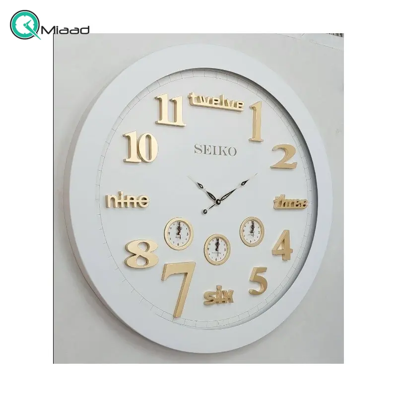 ساعت دیواری سیکو مدل R، ساعت دیواری چهار موتوره با تنوع رنگی و متریال تمام چوب، دارای اعداد مولتی و موتور روانگرد، اعداد برجسته آبکاری شده لاتین، سایز 90، رنگ سفید لاتین ساعت سیکو