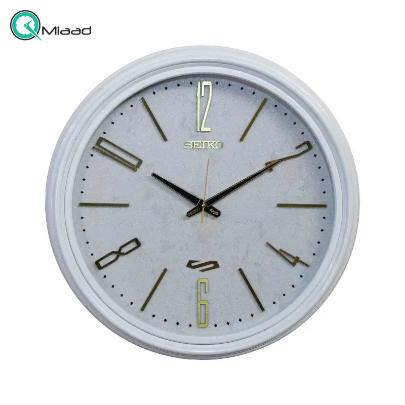 ساعت دیواری سیکو مدل S55، ساعت دیواری با پلاستیک طرح چوب و صفحه شاین دار ترک، سایز 55، دارای موتور روانگرد و اعداد برجسته آبکاری شده لاتین و تنوع رنگی، رنگ سفید ساعت سیکو