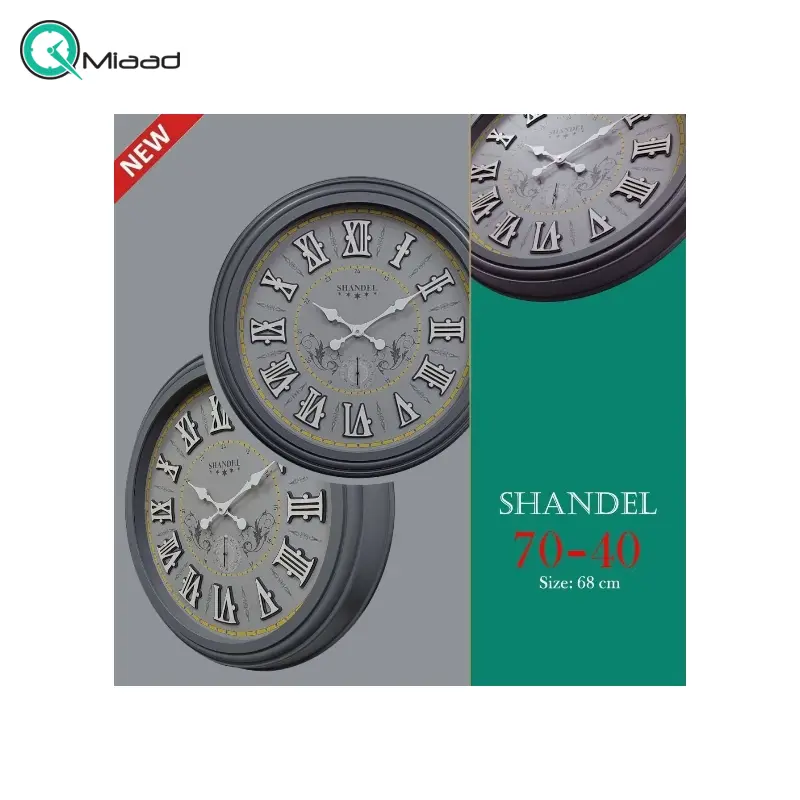 ساعت دیواری شاندل مدل 7040، ساعت دیواری دو موتوره سایز 70 پلاستیکی طرح کلاسیک با صفحه تمام چوب و اعداد برجسته، دارای موتور ثانیه شمار مستقل، رنگ طوسی رومی ساعت دیواری بزرگ