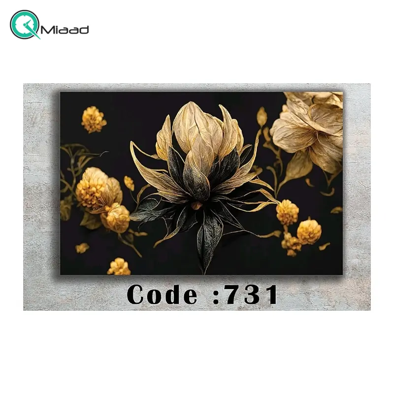 تابلو دکوراتیو شاین کد 731، جدیدترین مدل تابلو با بالاترین کیفیت چاپ، متریال پی وی سی قاب، تابلو زیبا و جذاب، تابلو هنری با کیفیت فوق العاده و قابل شستشو، طرح هنری گل مشکی طلایی تابلو