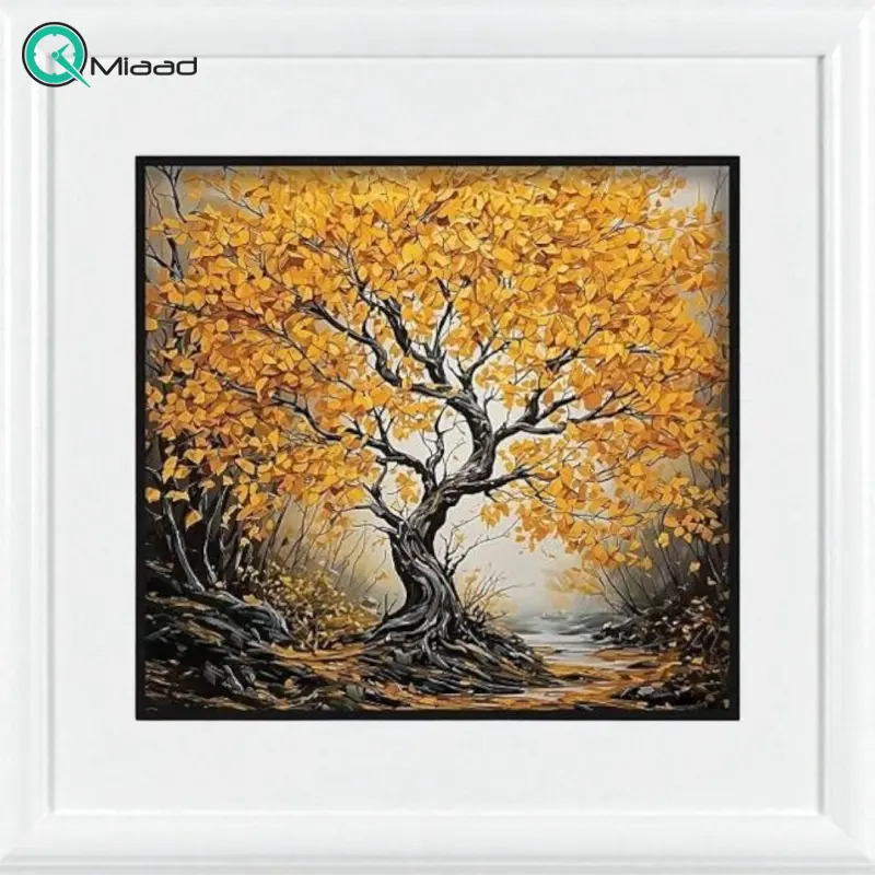 تابلو دکوراتیو شاین کد 202473، جدیدترین مدل تابلو با بالاترین کیفیت چاپ و سایز 100x100، متریال پی وی سی قاب، تابلو هنری با کیفیت فوق العاده و قابل شستشو طرح درخت برگ طلایی تابلو