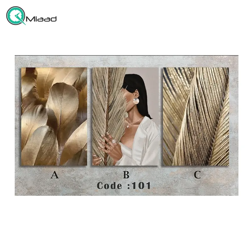 تابلو دکوراتیو شاین مدل 101، جدیدترین مدل تابلو با بالاترین کیفیت چاپ، متریال پی وی سی قاب، تابلو سه تیکه زیبا و جذاب، تابلو هنری با کیفیت فوق العاده و قابل شستشو، طرح شاخ و برگ و دختر تابلو