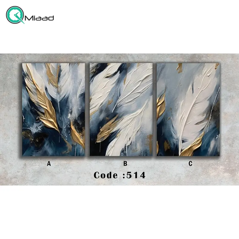 تابلو دکوراتیو شاین مدل 514، جدیدترین مدل تابلو با بالاترین کیفیت چاپ، متریال پی وی سی قاب، تابلو سه تیکه زیبا و جذاب، تابلو هنری با کیفیت فوق العاده و قابل شستشو، طرح برگ سفید طلایی و آبی تابلو