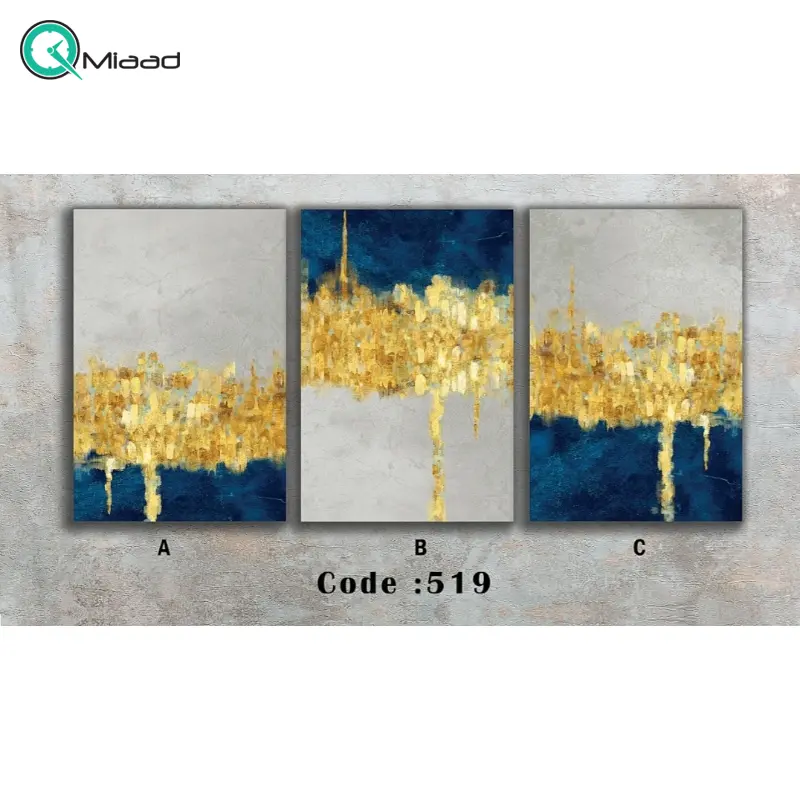 تابلو دکوراتیو شاین مدل 519، جدیدترین مدل تابلو با بالاترین کیفیت چاپ، متریال پی وی سی قاب، تابلو سه تیکه زیبا و جذاب، تابلو هنری با کیفیت فوق العاده و قابل شستشو، طرح هنری طلایی آبی رنگ تابلو