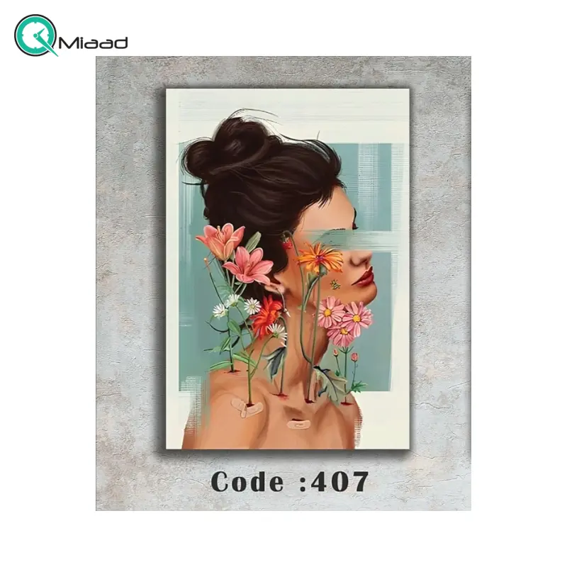 تابلو دکوراتیو شاین مدل 407 جدیدترین مدل تابلو با بالاترین کیفیت چاپ، متریال پی وی سی قاب، تابلو هنری با کیفیت فوق العاده و قابل شستشو طرح دختر و شاخه گل تابلو