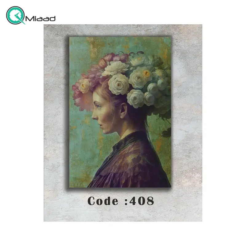 تابلو دکوراتیو شاین کد 408، جدیدترین مدل تابلو با بالاترین کیفیت چاپ، متریال پی وی سی قاب، تابلو هنری با کیفیت فوق العاده و قابل شستشو و طرح دختر زیبا با گل روی سر تابلو