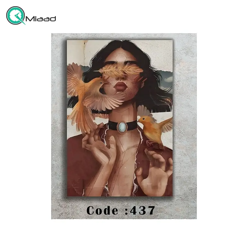 تابلو دکوراتیو شاین مدل 437 جدیدترین مدل تابلو با بالاترین کیفیت چاپ، متریال پی وی سی قاب، تابلو هنری با کیفیت فوق العاده و قابل شستشو طرح دختر و برگ و پرنده تابلو