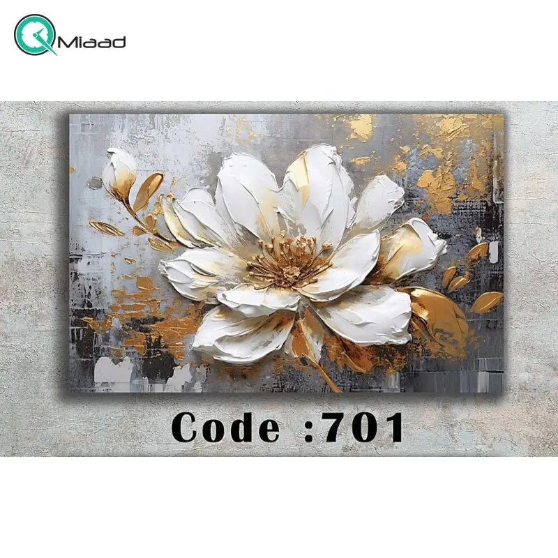 تابلو دکوراتیو شاین کد 701، جدیدترین مدل تابلو با بالاترین کیفیت چاپ، متریال پی وی سی قاب، تابلو زیبا و جذاب، تابلو هنری با کیفیت فوق العاده و قابل شستشو طرح انتزاعی گل سفید و رنگ طلایی تابلو