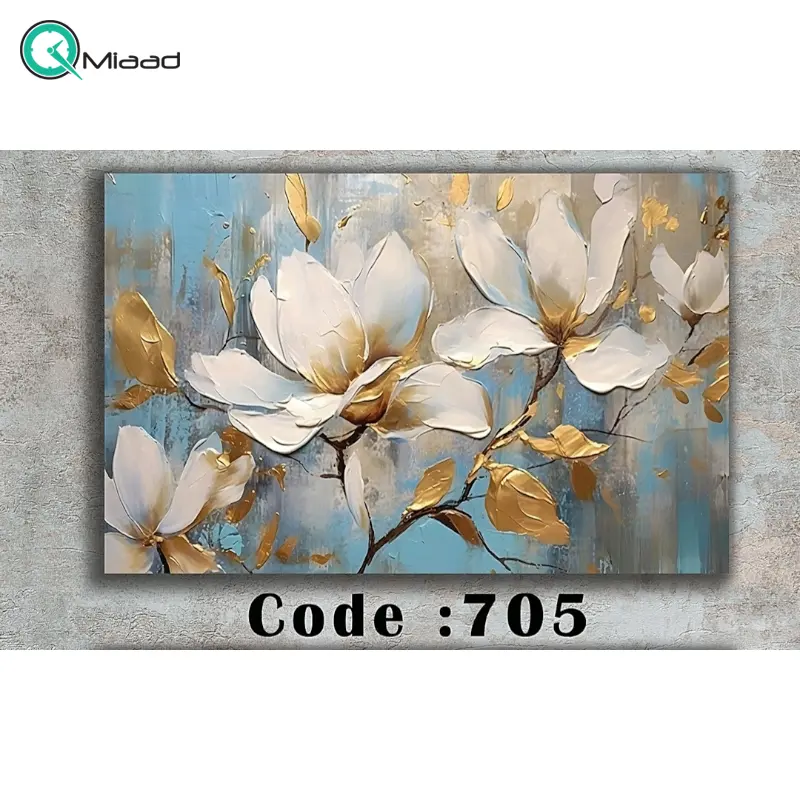تابلو دکوراتیو شاین کد 705، جدیدترین مدل تابلو با بالاترین کیفیت چاپ، متریال پی وی سی قاب، تابلو زیبا و جذاب، تابلو هنری با کیفیت فوق العاده و قابل شستشو طرح انتزاعی گل های سفید و رنگ طلایی تابلو